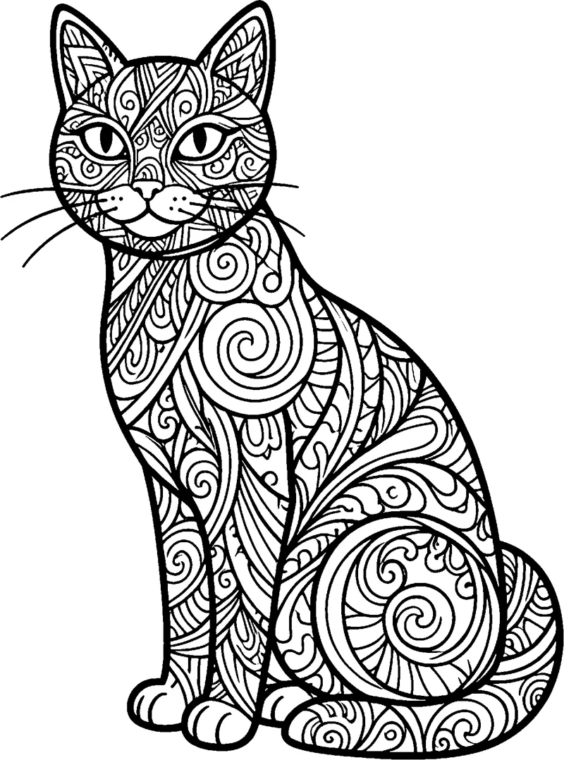 A sitting cat with its tail curled round its feet, its whole body filled with swirls and leaf patterns.
