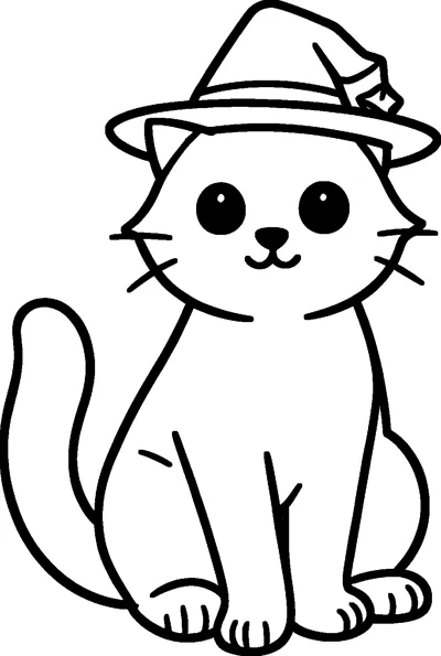 A sitting cat with big round eyes and one curled tail wears a small witch hat.