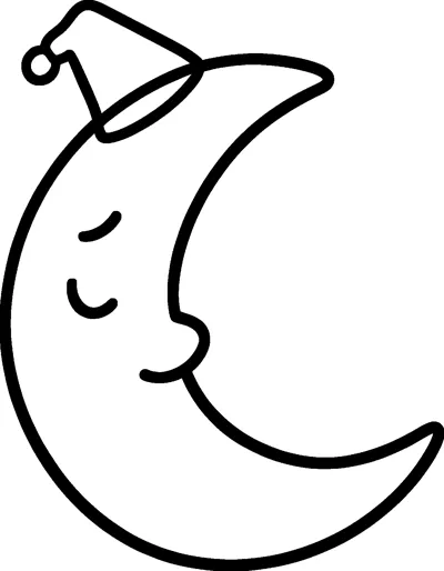 A sleepy crescent moon with closed eyes and a gentle smile, wearing a floppy nightcap with a round pompom.