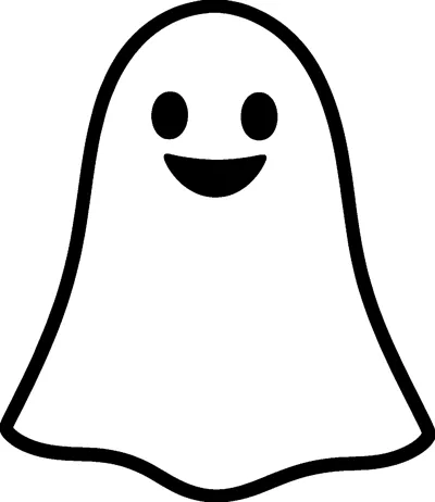 A simple sheet ghost with two dark eyes, a happy smile and a wavy bottom edge.