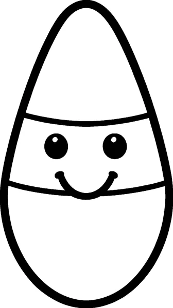 A tall candy corn sweet with three stripes, two round eyes and a wide smile.