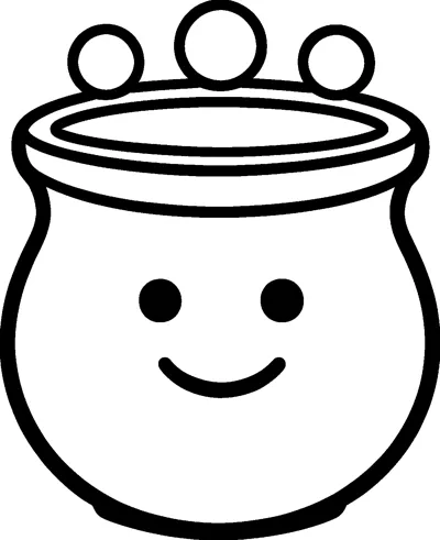 A round smiling cauldron with a wide rim and a short base, with three round bubbles floating above it.