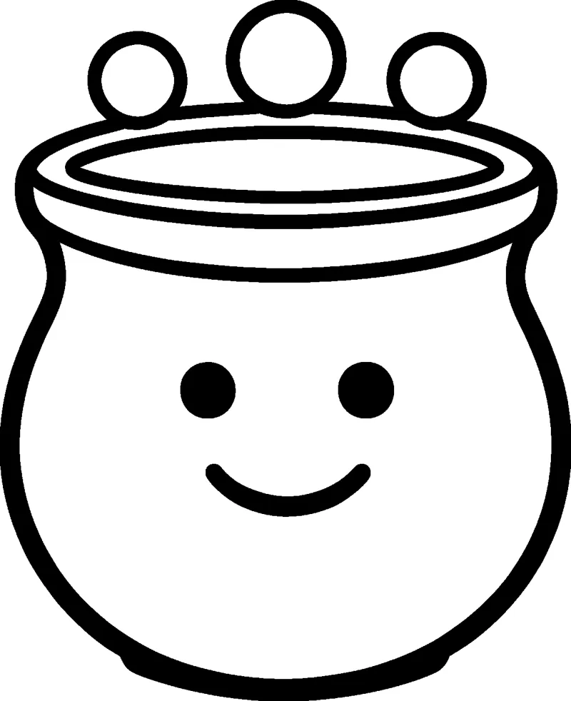 A round smiling cauldron with a wide rim and a short base, with three round bubbles floating above it.