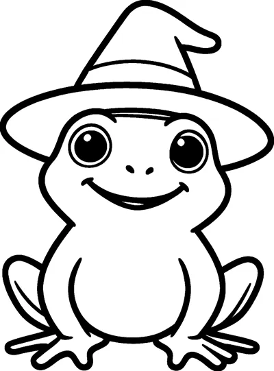 A happy little frog with big round eyes sits with its legs spread out, wearing a wide pointed witch hat.