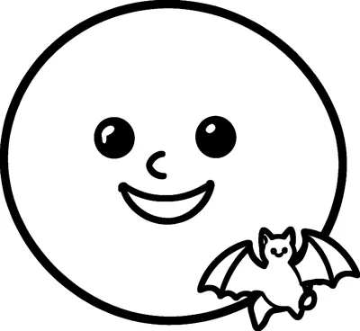 A big round full moon with a smiling face and a small cheerful bat flying at its edge.