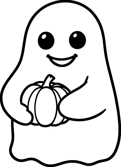 A round, smiling ghost with big shiny eyes and a wavy bottom hugs a small pumpkin with both arms.