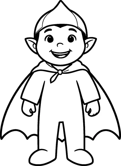 A smiling cartoon vampire child with pointed ears and a long cape tied at the neck.