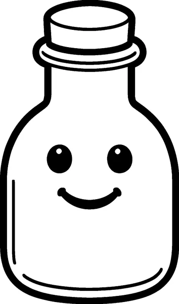 A rounded potion bottle with a cork stopper and a happy face with two shiny eyes and a smile.