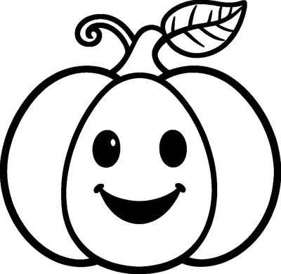 A round smiling pumpkin with big oval eyes, a curly vine and one leaf growing from its short stem.