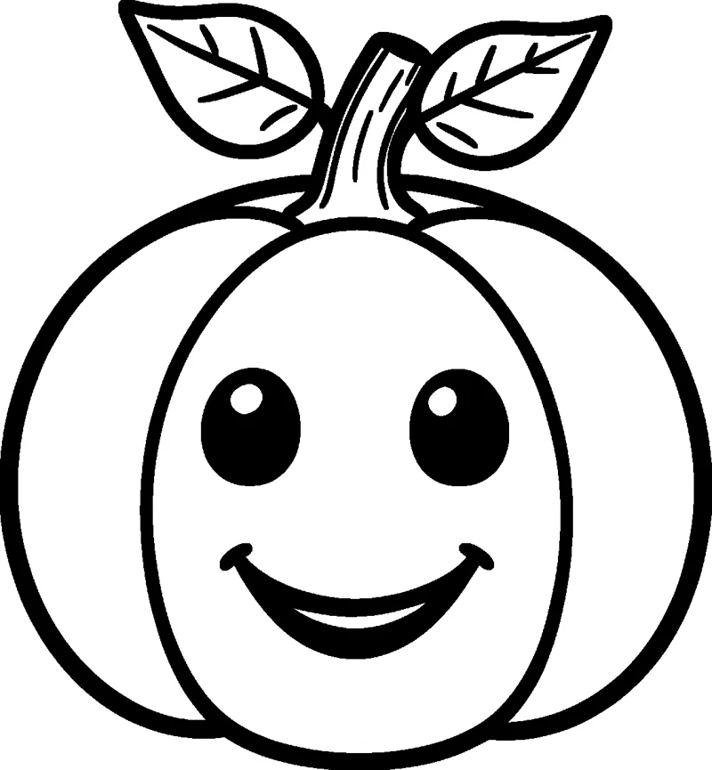 A round smiling pumpkin with big dark eyes, a curved stem and two veined leaves on top.
