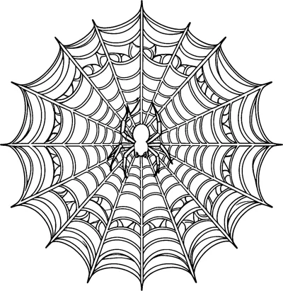 A large round spider web made of many rings and scalloped patterns, with a small spider in the centre.