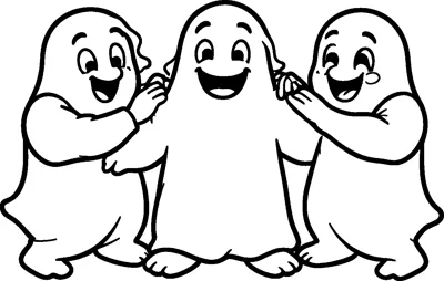 Three laughing ghosts hold hands in a circle as if dancing ring-around-the-rosie.