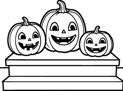 Three smiling carved pumpkins of different sizes sitting side by side on wooden porch steps.