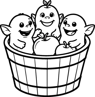Three smiling little monsters with pointed ears sit together in a wooden tub filled with big round apples.