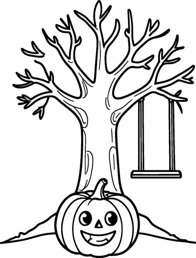 A bare tree with a wooden swing hanging from a branch and a smiling jack-o'-lantern at its roots.