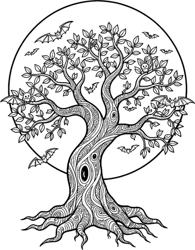 A twisting tree with patterned bark and spreading roots stands before a full moon, with small bats flying among its leafy branches.