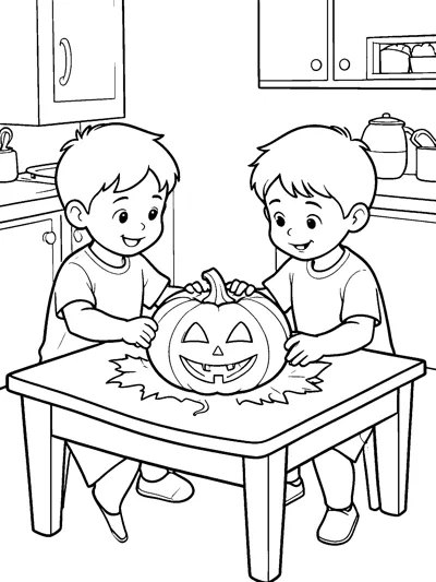 Two smiling children at a kitchen table holding a jack-o'-lantern they are carving together.