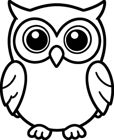 A cute owl standing with huge round eyes, a small beak, ear tufts and folded wings.