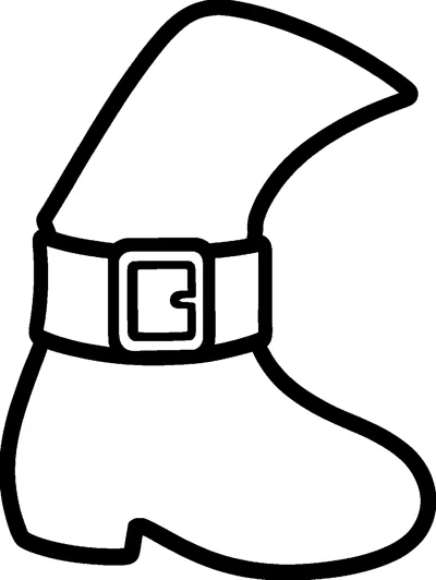 A tall witch boot with a pointed, curling top, a wide strap and a big square buckle around the ankle.
