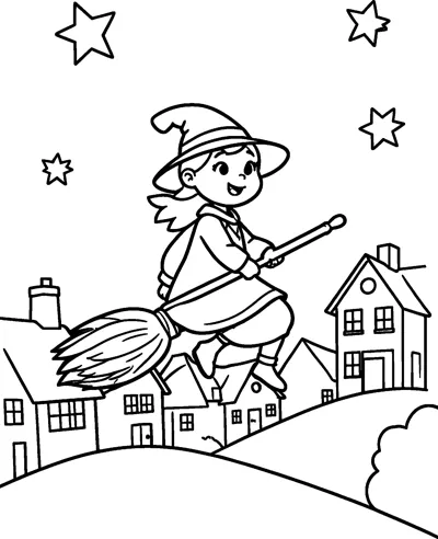 A young witch rides a broomstick above a row of village houses with outlined stars in the sky.