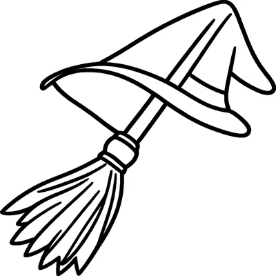 A witch's broomstick with a bristly brush and a pointed witch hat resting on its handle.