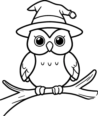 A round owl with big eyes and folded wings perches on a forked branch wearing a witch hat with a pompom.