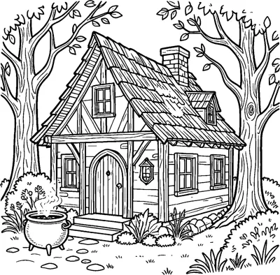 A timber cottage with a steep tiled roof sits between two leafy trees, with a steaming cauldron by the front steps.