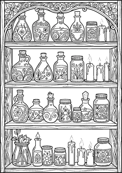 A wooden cupboard with four shelves holding corked potion bottles, patterned jars and dripping candles.