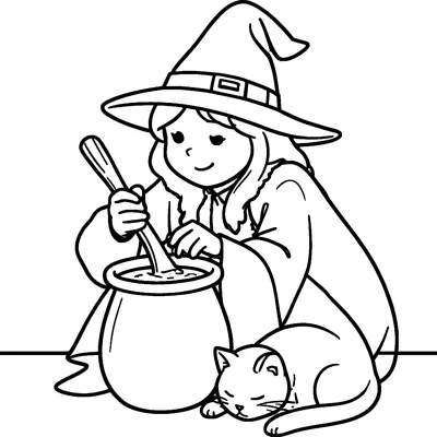 A young witch in a pointed hat stirs a round pot with a wooden spoon while a cat sleeps beside it.