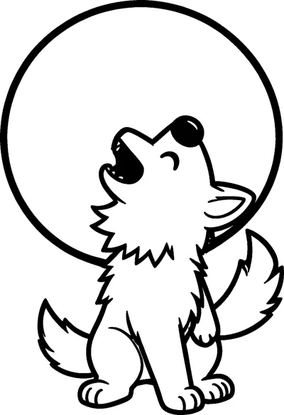 A fluffy little wolf pup sits with its head tipped back and eyes closed, howling up at a big round moon.