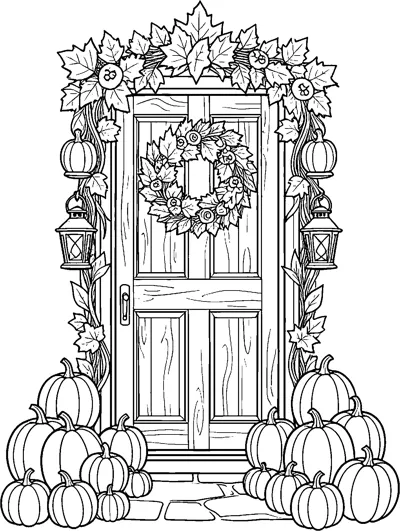 A wooden cottage door with a leafy wreath, framed by autumn leaves, hanging lanterns and piles of pumpkins.