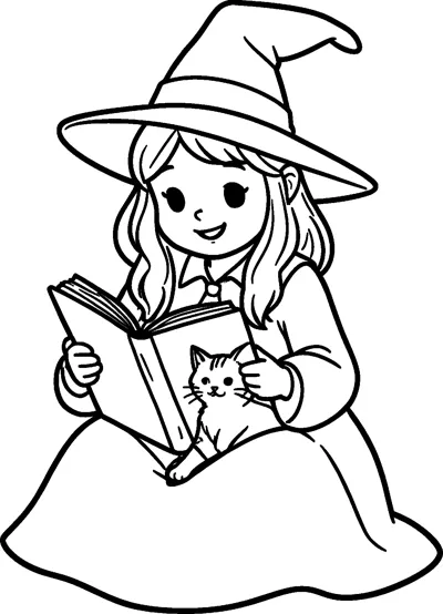A smiling young witch in a pointed hat sits reading an open book while a kitten rests on her lap.