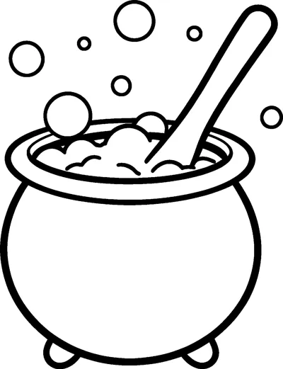 A round three-legged cauldron full of bubbling brew with a big spoon and bubbles floating above.