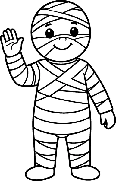 A friendly smiling mummy wrapped head to toe in bandages, standing and waving one hand.