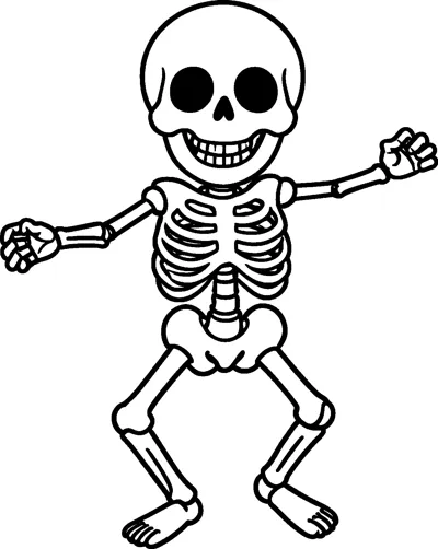A grinning cartoon skeleton with a round skull dancing with bent knees and arms stretched out.