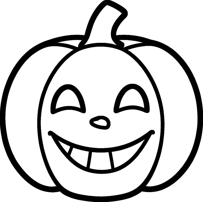 A round pumpkin with a curly stem, happy closed eyes, a little nose and a big toothy grin.