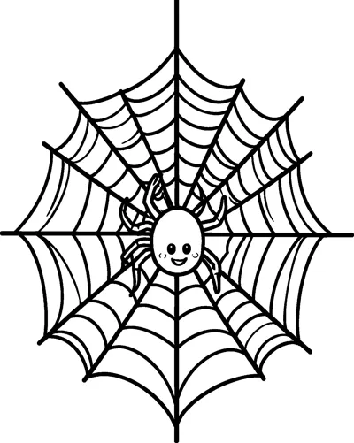 A round smiling spider with rosy cheeks sitting in the center of a large spider web.