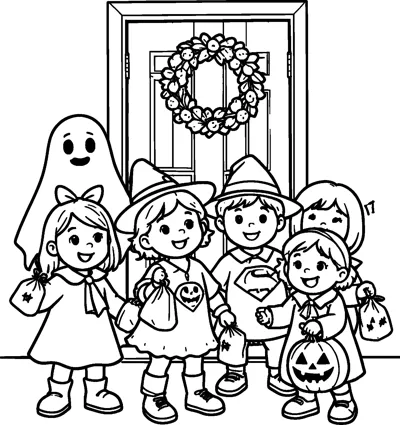 Smiling children in witch, ghost and superhero costumes holding treat bags in front of a door with a wreath.