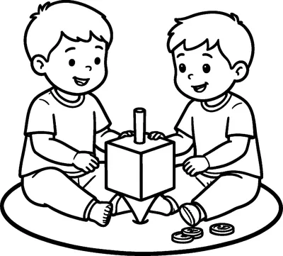 Two smiling children sit cross-legged on a round rug with a big dreidel and chocolate coins between them.