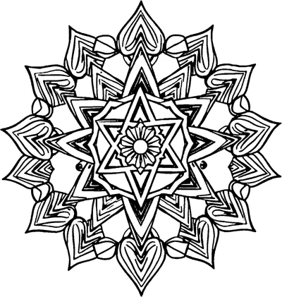 A Star of David at the center of a mandala with a flower middle, layered points and striped petals.