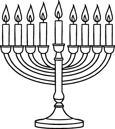 A Hanukkah menorah with curved branches holding nine lit candles, the center one raised higher.