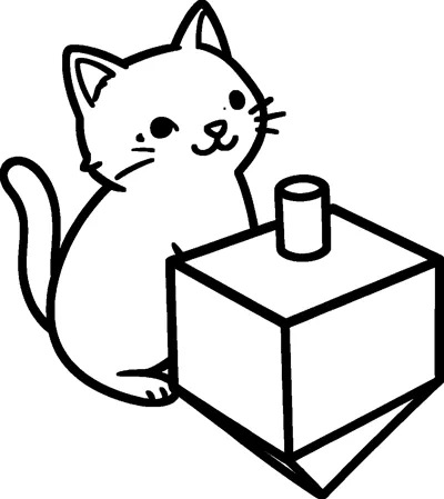 A smiling kitten sits beside a large dreidel and rests one front paw on it.