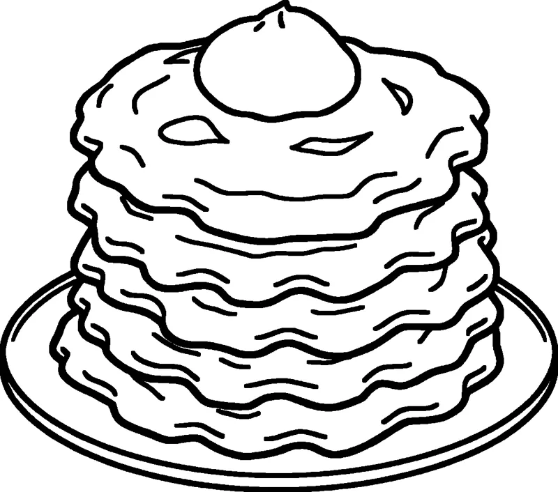 A tall stack of five wavy potato latkes on a round plate topped with a dollop of sour cream.