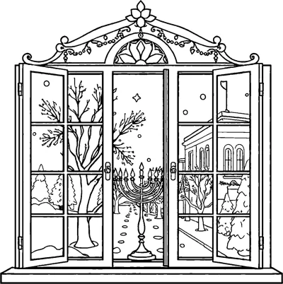 A menorah with lit candles stands in an open ornate window looking onto a snowy street with trees.