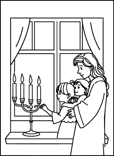 A mother holds two children as one reaches toward a lit candleholder on a curtained windowsill.