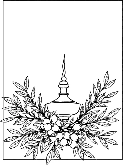 A tall oil lamp with a thin flame rising from olive branches full of leaves and clusters of olives.