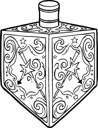 A dreidel covered in swirls, small stars and starburst designs on each visible side and its top.