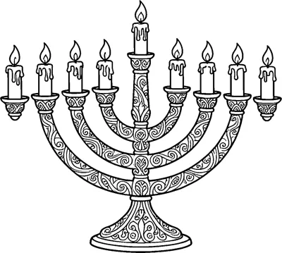 A tall menorah with nine lit candles, its curved arms and base covered in swirling patterns.