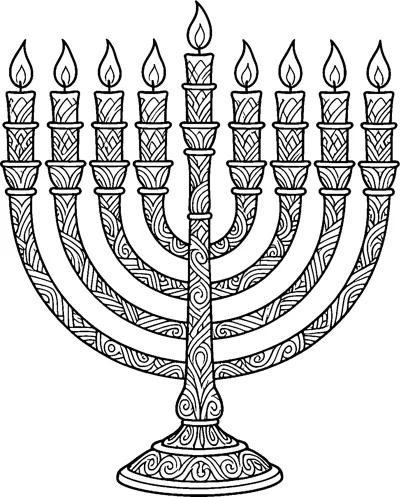 A tall menorah with nine lit candles, every branch and the base filled with fine swirling patterns.