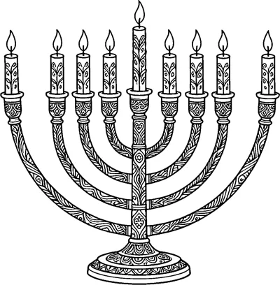 A Hanukkah menorah with nine lit candles, its arms and base filled with small swirl and leaf patterns.